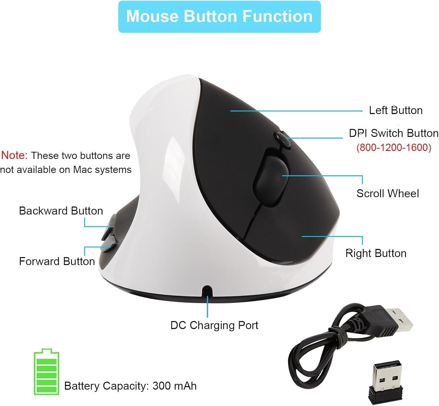 Left Hand Ergonomic Vertical Wireless Mouse Rechargeable 1600 DPI