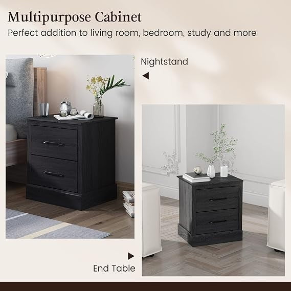 Compact Dark Grey Oak Bedside Tables 2-Pack with 2 Drawers | Modern Nightstands