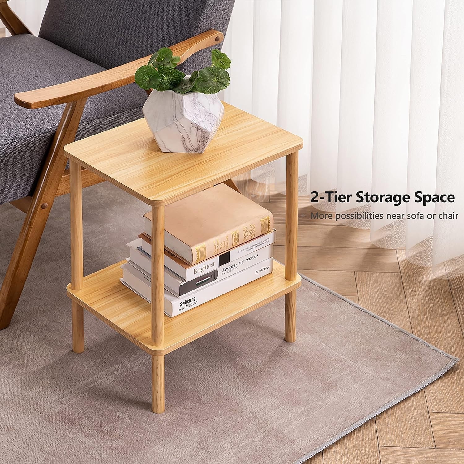 Narrow 2-Tier Oak Side Table – Small Bedside, End Table w/ Storage Shelf