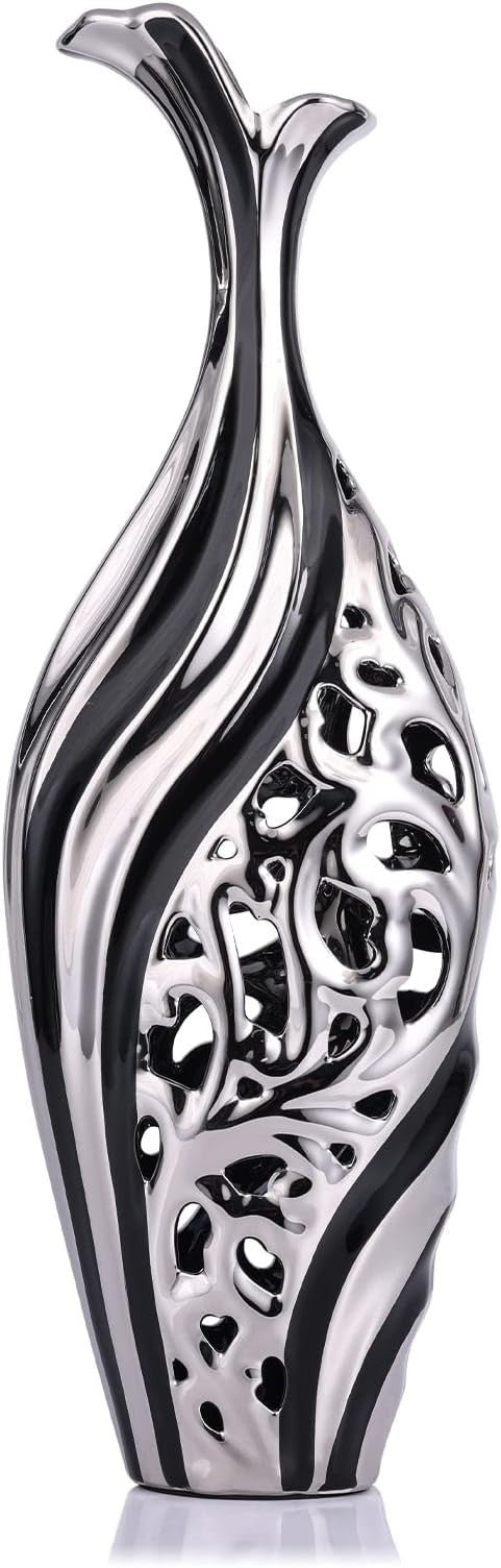 Tall Silver Black Floor Vase 50cm Modern Luxury Pampas Grass Decor