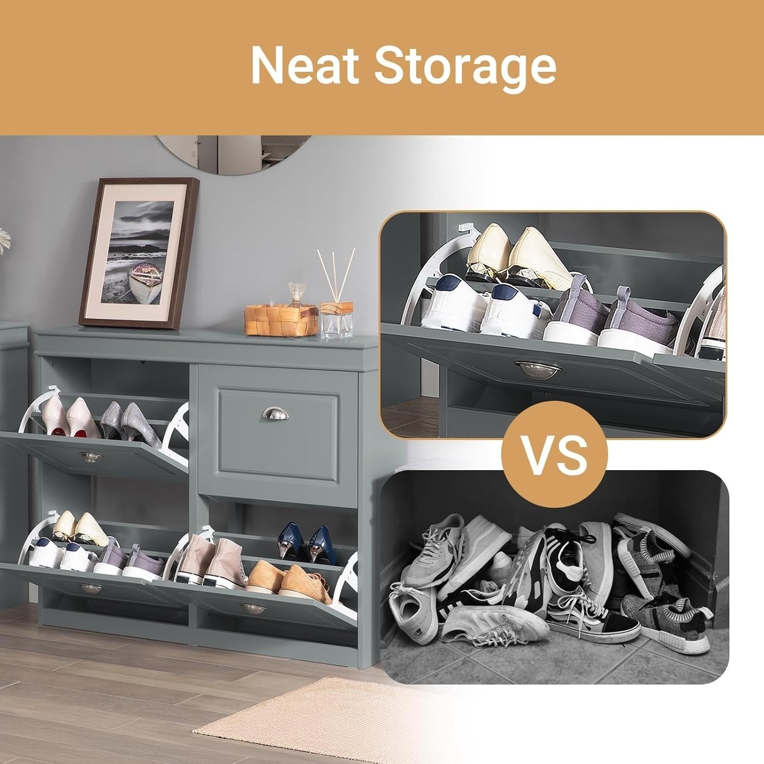 Slim Grey Shoe Storage Cabinet with 4 Flip Drawers, Space-Saving 105x24x82cm