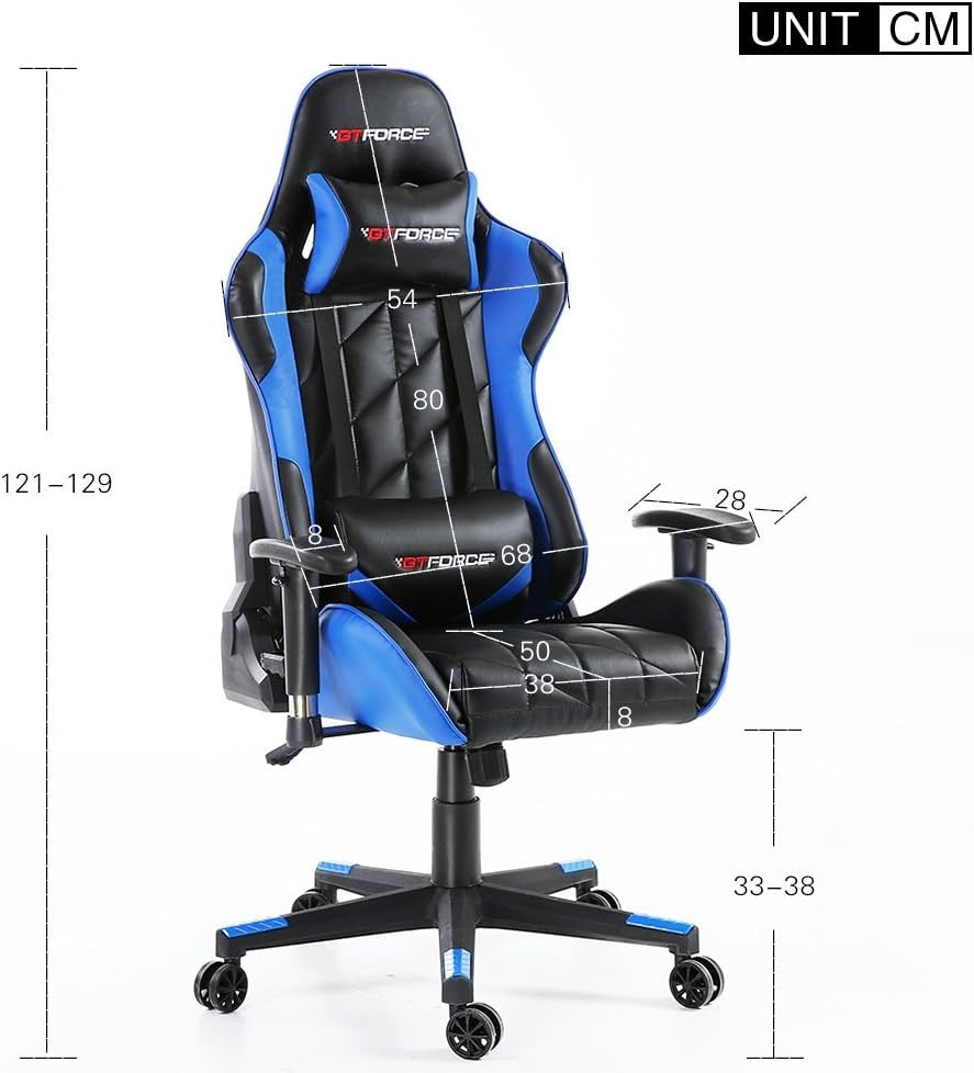 Reclining Gaming Chair Faux Leather Swivel High Back Blue