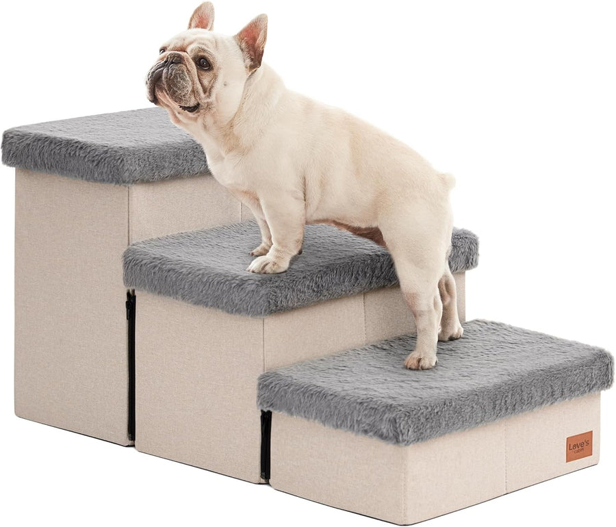 Dog Stairs 3 Step 18" High with Storage Furry Lid Pet Steps Grey