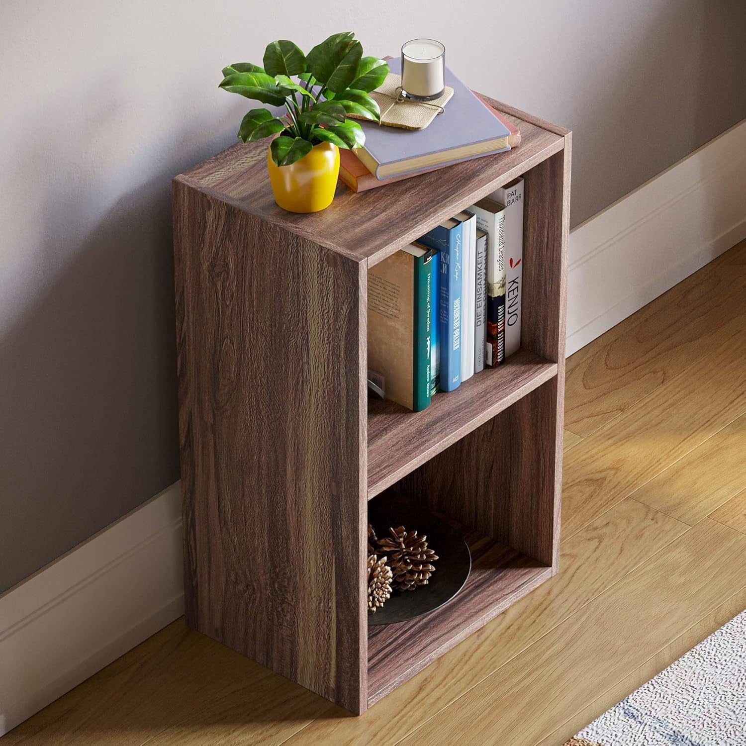 2 Tier Walnut Wooden Cube Bookcase Small Storage Shelf for Living Room Office