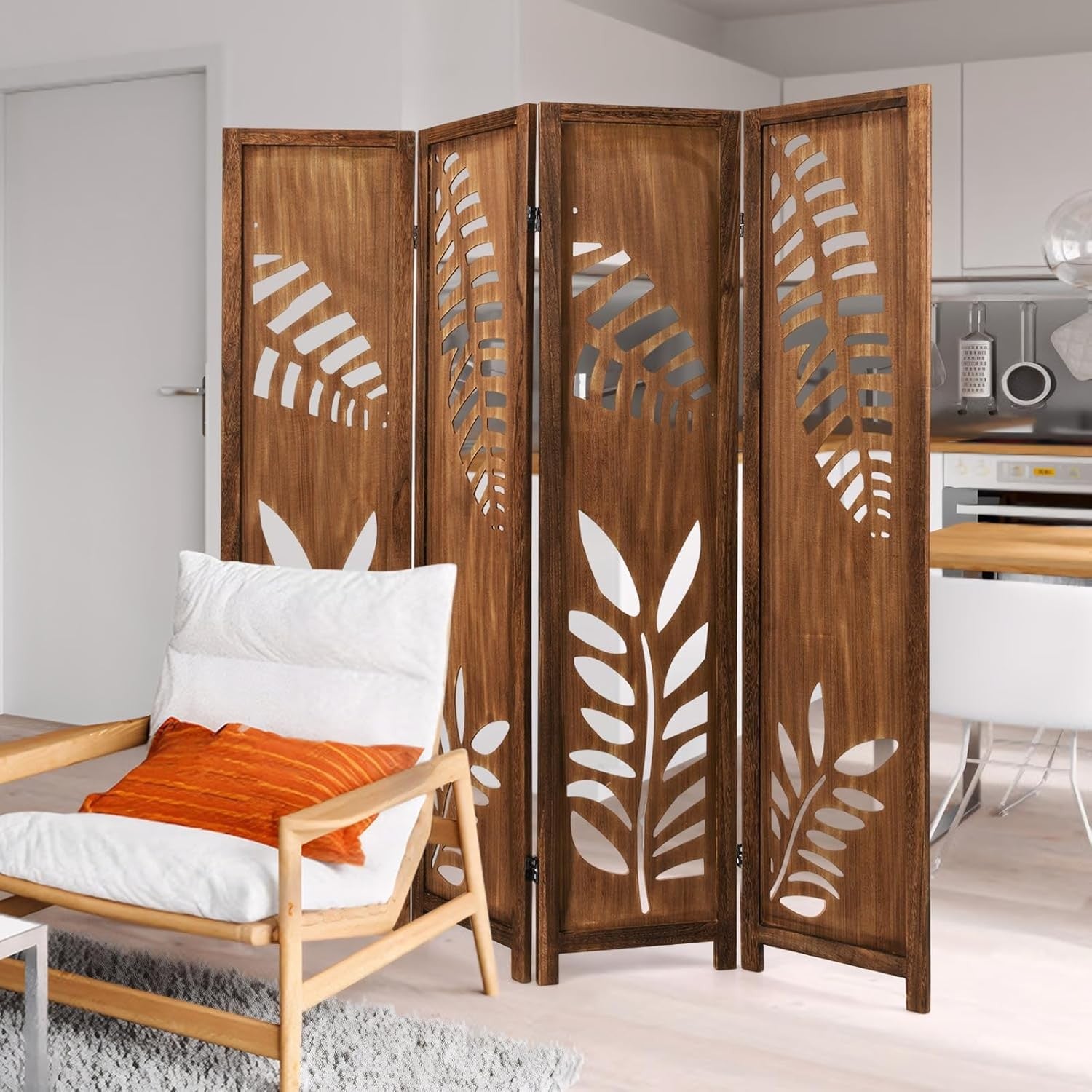 4 Panel Brown Carved Wood Room Divider Leaf Design Privacy Screen 170cm High