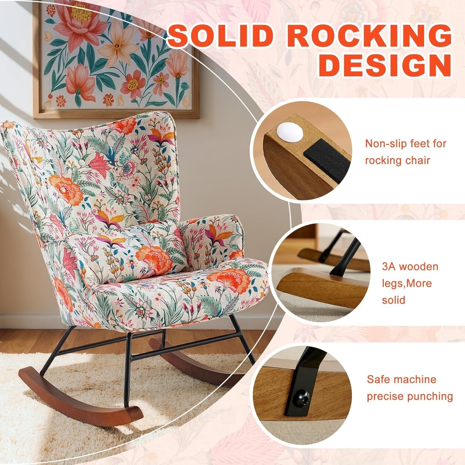 Floral Rocking Chair with Lumbar Support – Comfy Wood Accent Armchair 90cm