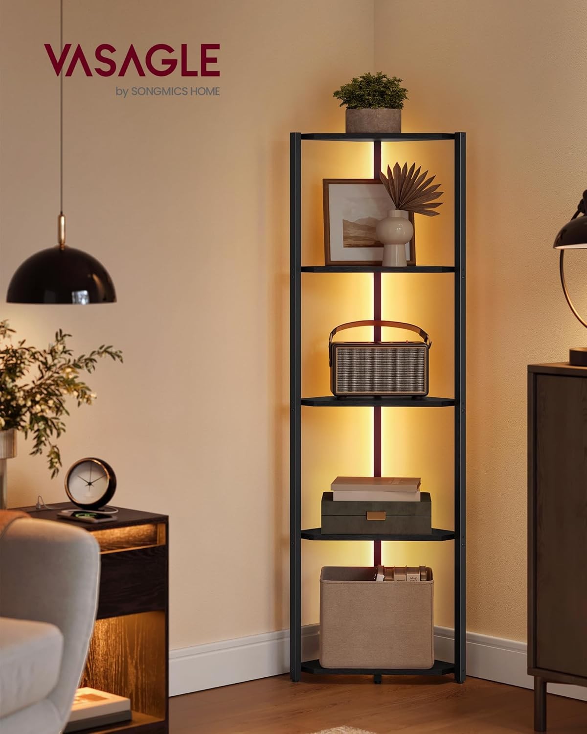 5-Tier Corner Shelf with LED Lights | Modern Slim Display Unit for Living Room