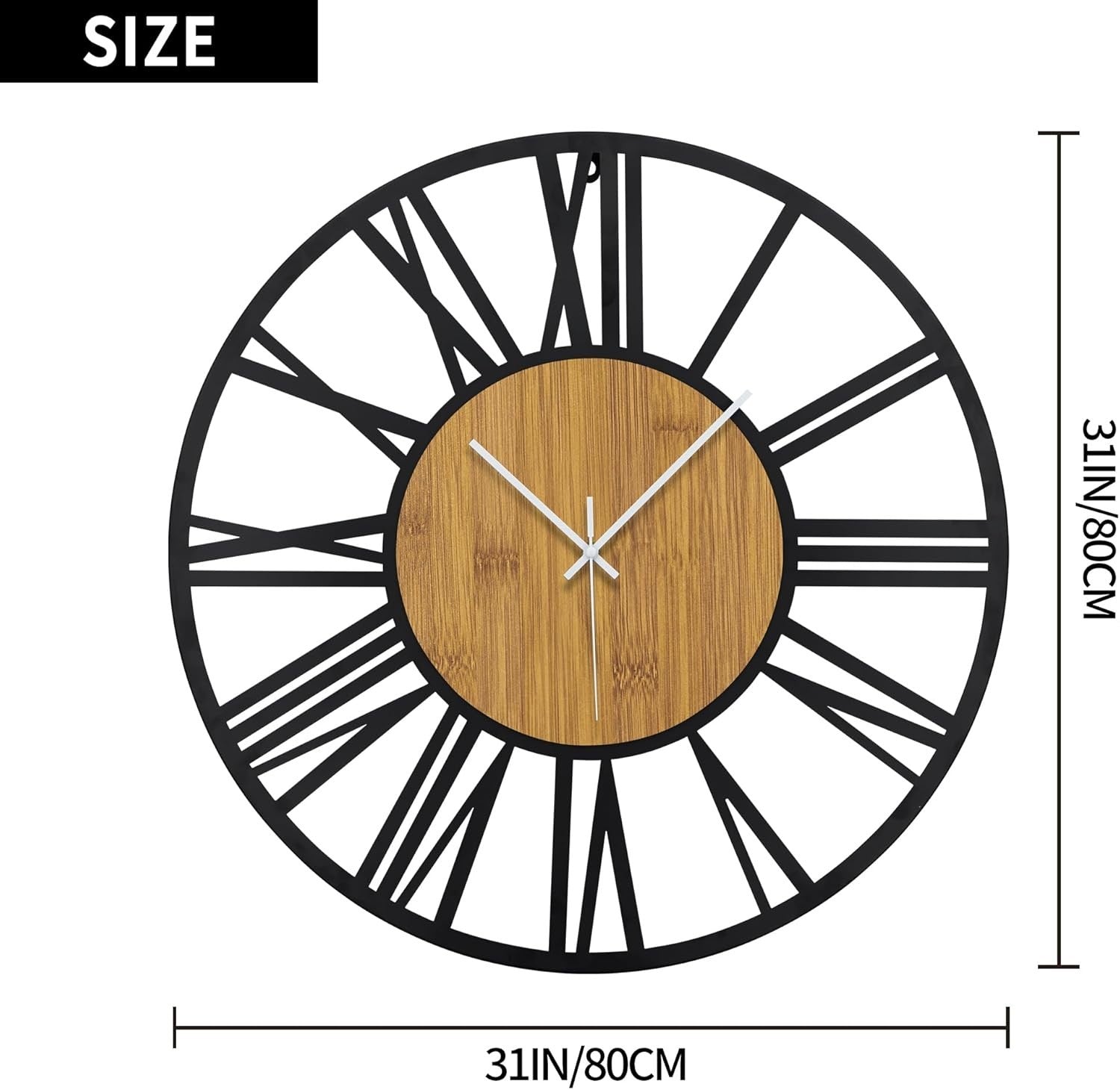 80cm Extra Large Wall Clock Silent Black Roman Wood Modern Farmhouse Decor