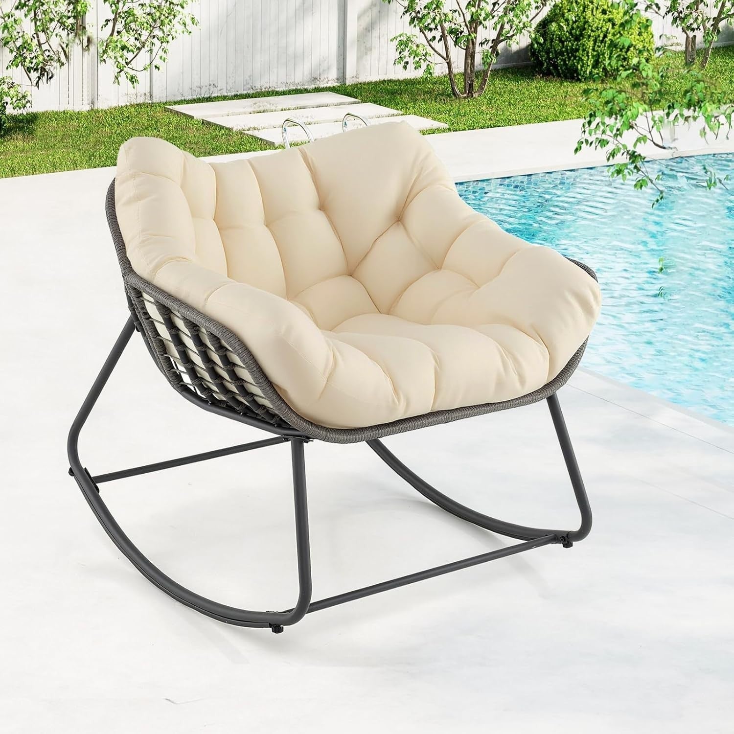 Egg Rocking Chair with Thick Cushion, Wicker Patio Seat, 100x98x89cm