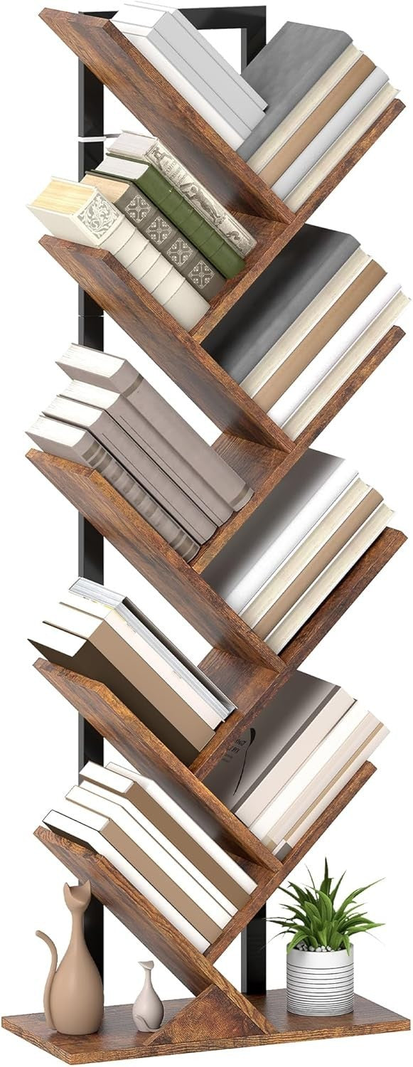 9 Tier Tree Bookshelf Industrial Storage Unit with Steel Frame Rustic Brown