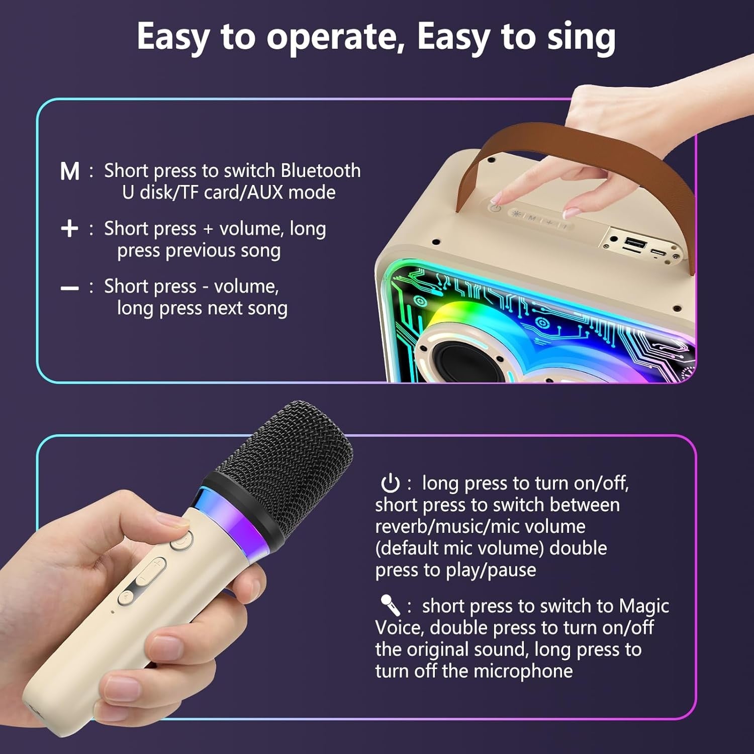 Karaoke Machine 2 Wireless Mic Bluetooth LED Party Speaker