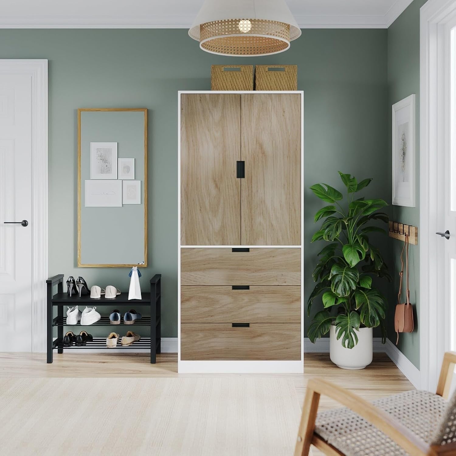 Oak 2 Door Wardrobe with Drawers | Tall Modern Clothes Storage Unit