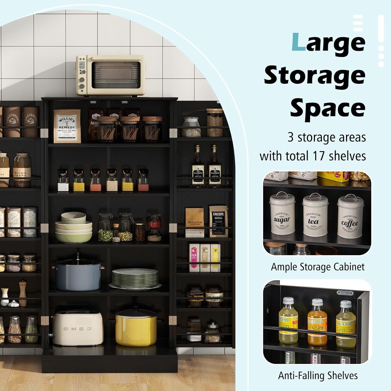 Compact Black Pantry Cabinet with 2 Doors and 17 Storage Shelves