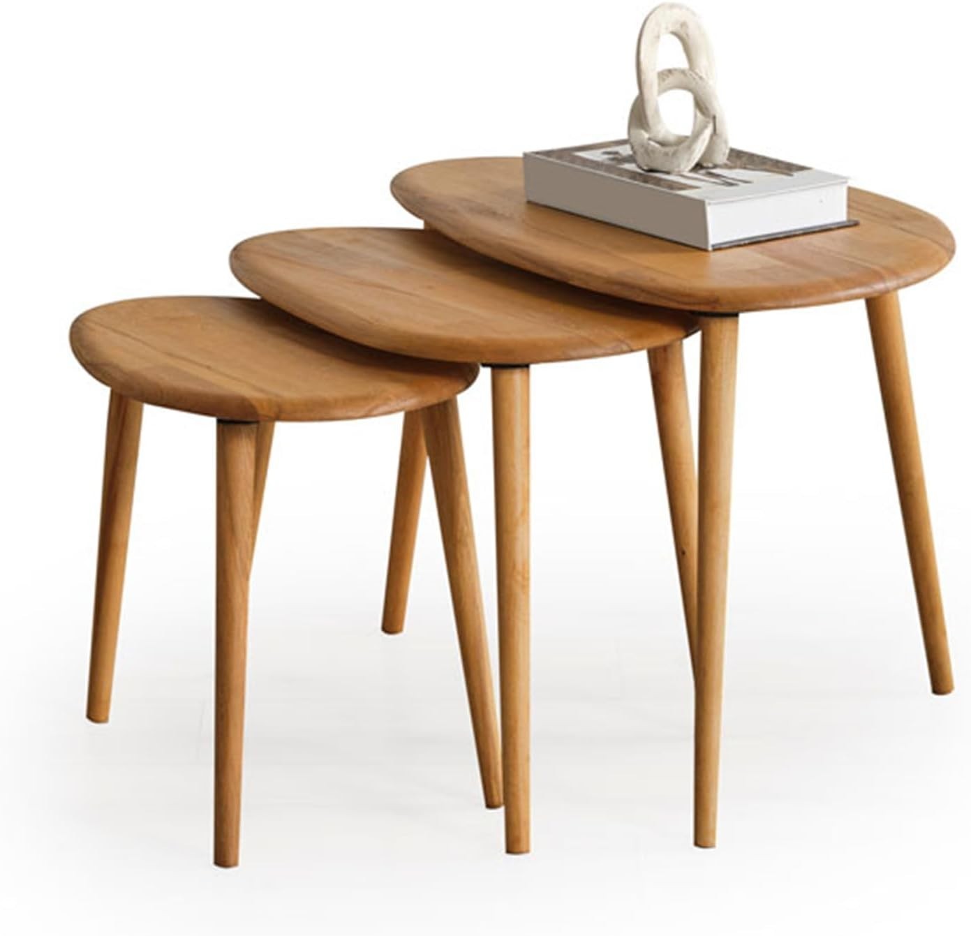 Oak Wood Nesting Coffee Table Set of 3 Mid-Century Modern Oval Living Room