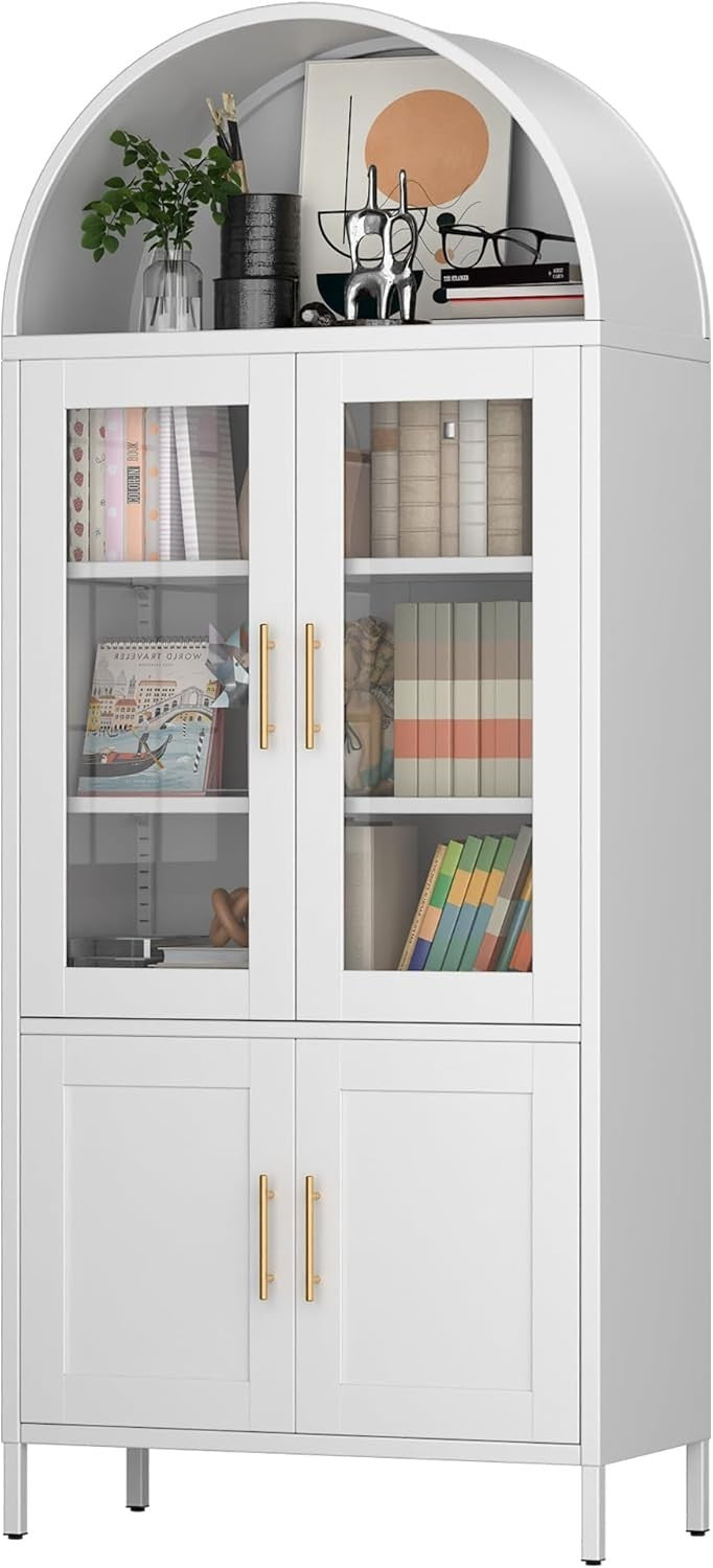 Tall White Kitchen Pantry Cabinet Glass Doors Metal Storage 185cm Modern
