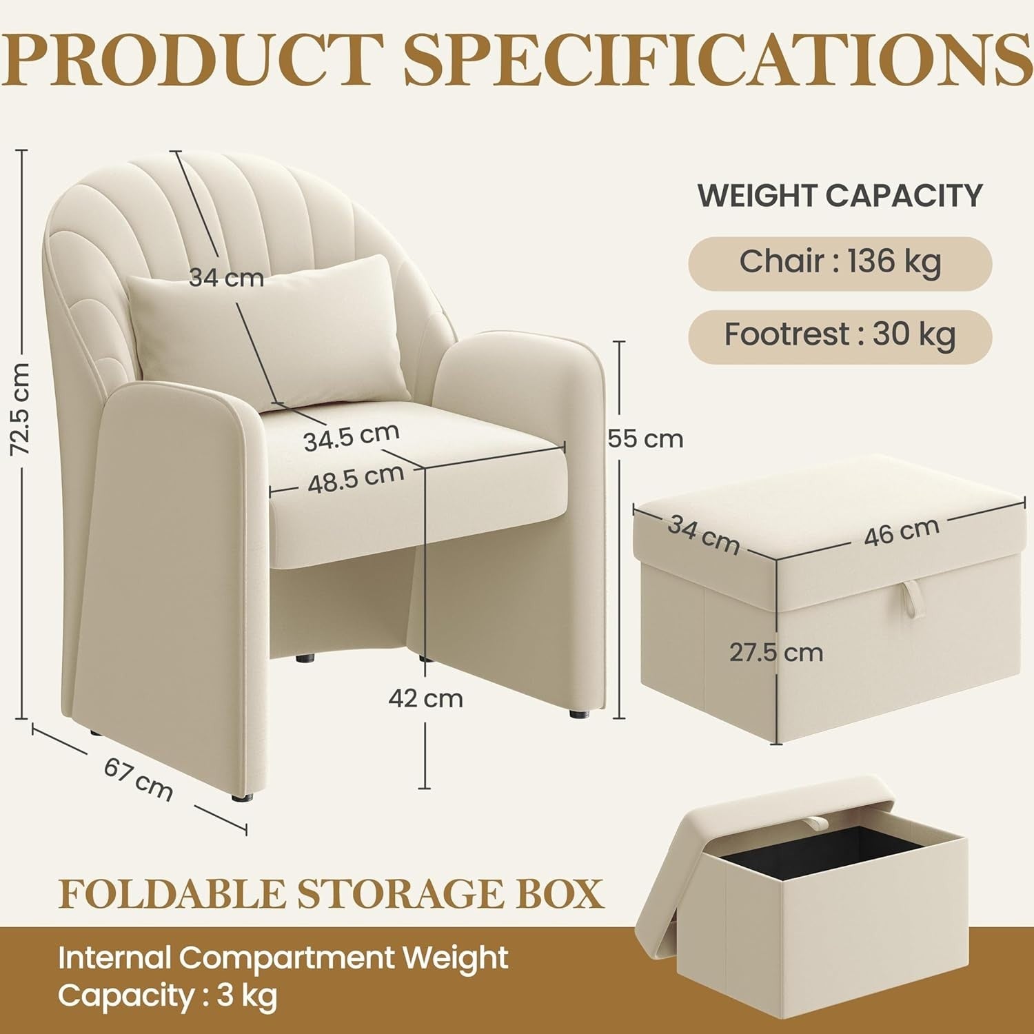 Velvet Tub Chair with Storage Ottoman & Lumbar Pillow | Modern Accent Seat