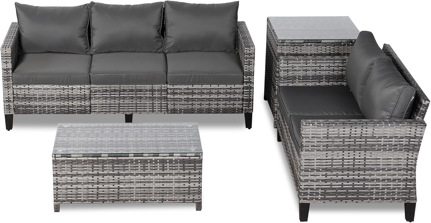 5 Seater Rattan Patio Sofa Set with Dual Coffee Tables Luxury Garden Lounge