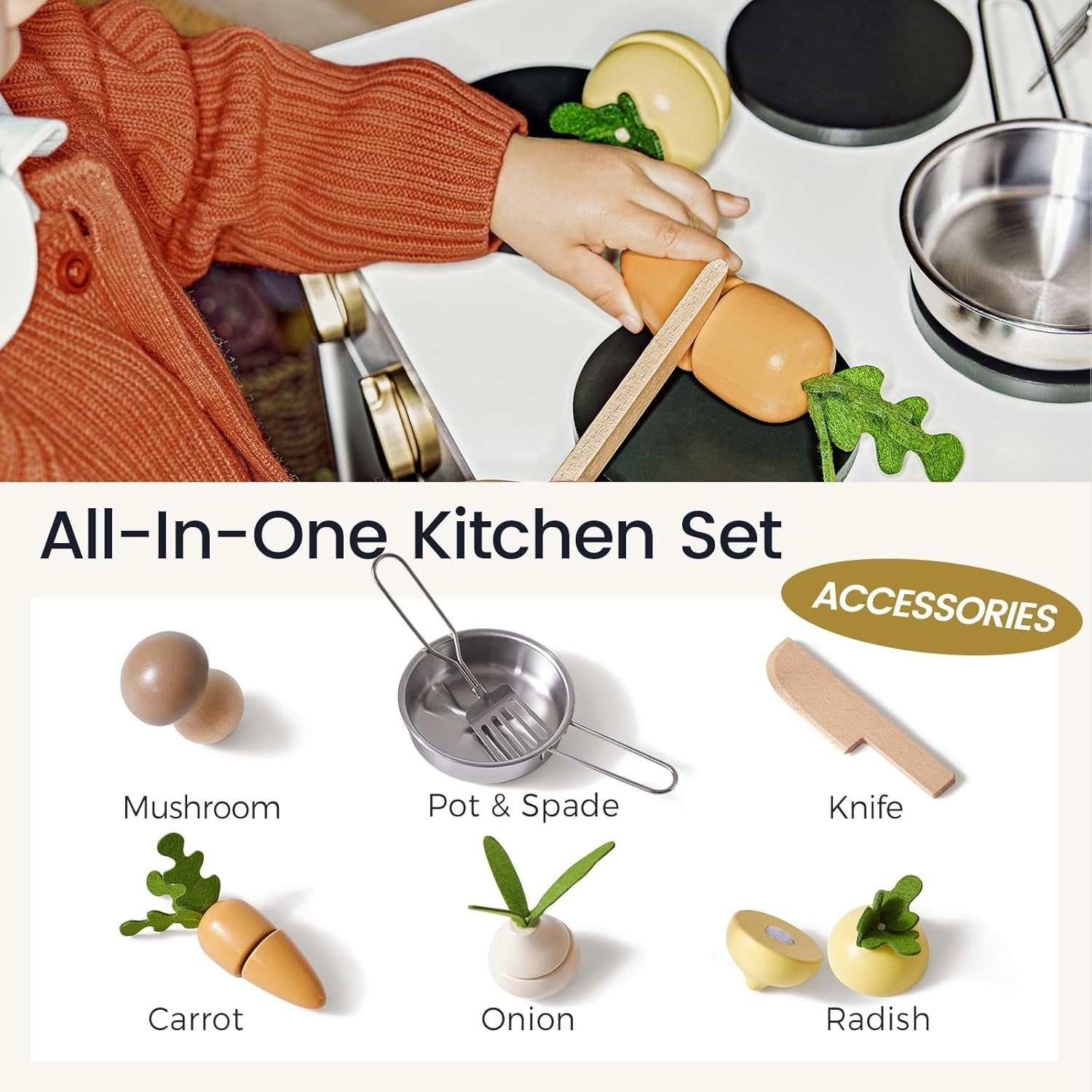 Wooden Kids Play Kitchen White w/ Cutting Food Accessories Set