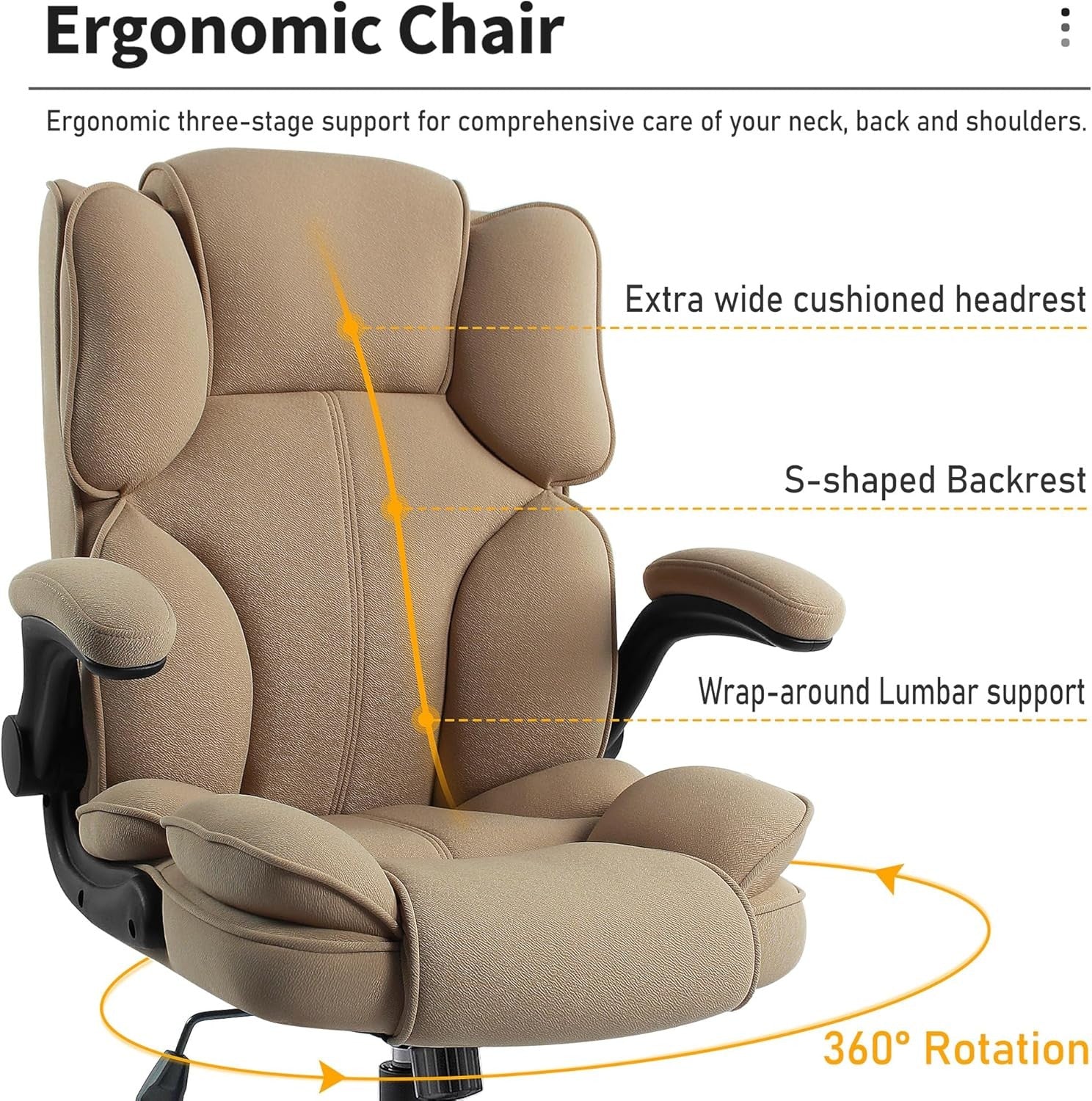 Ergonomic Office Chair Fabric 90° Flip-Up Arms Beige