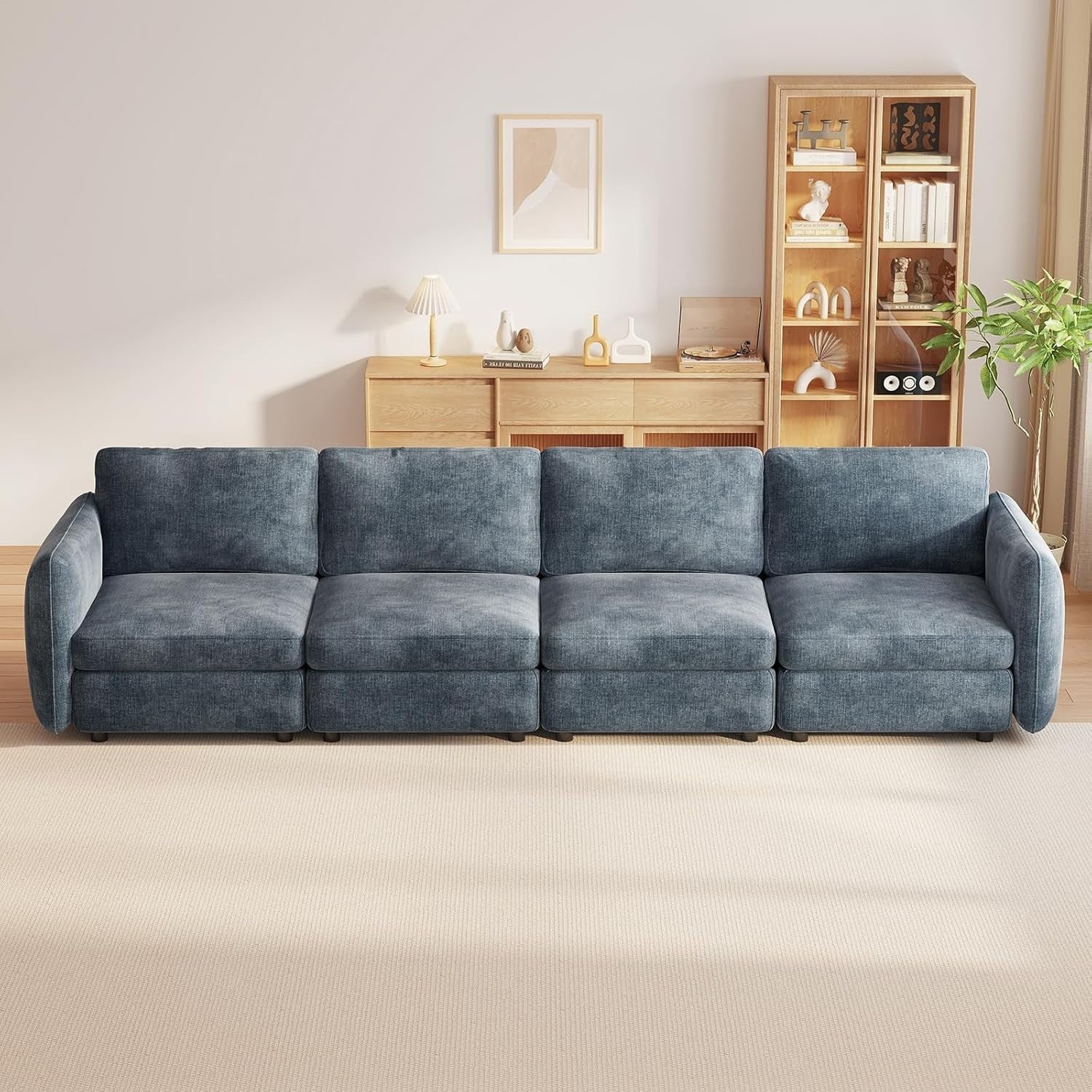 Modern 4 Seater Sofa Blue-Grey Deep Cushions 305CM Ergonomic Couch