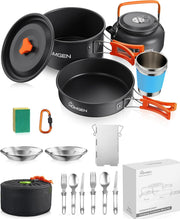 Orange Camping Cookware Set with Pot, Pan, Kettle & Windshield for 2–3 People