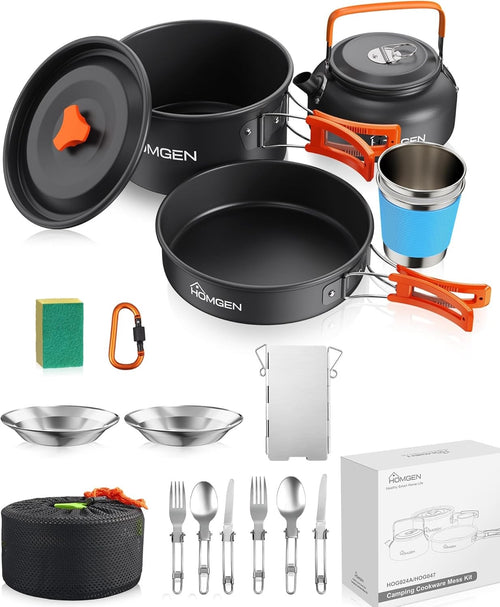Orange Camping Cookware Set with Pot, Pan, Kettle & Windshield for 2–3 People