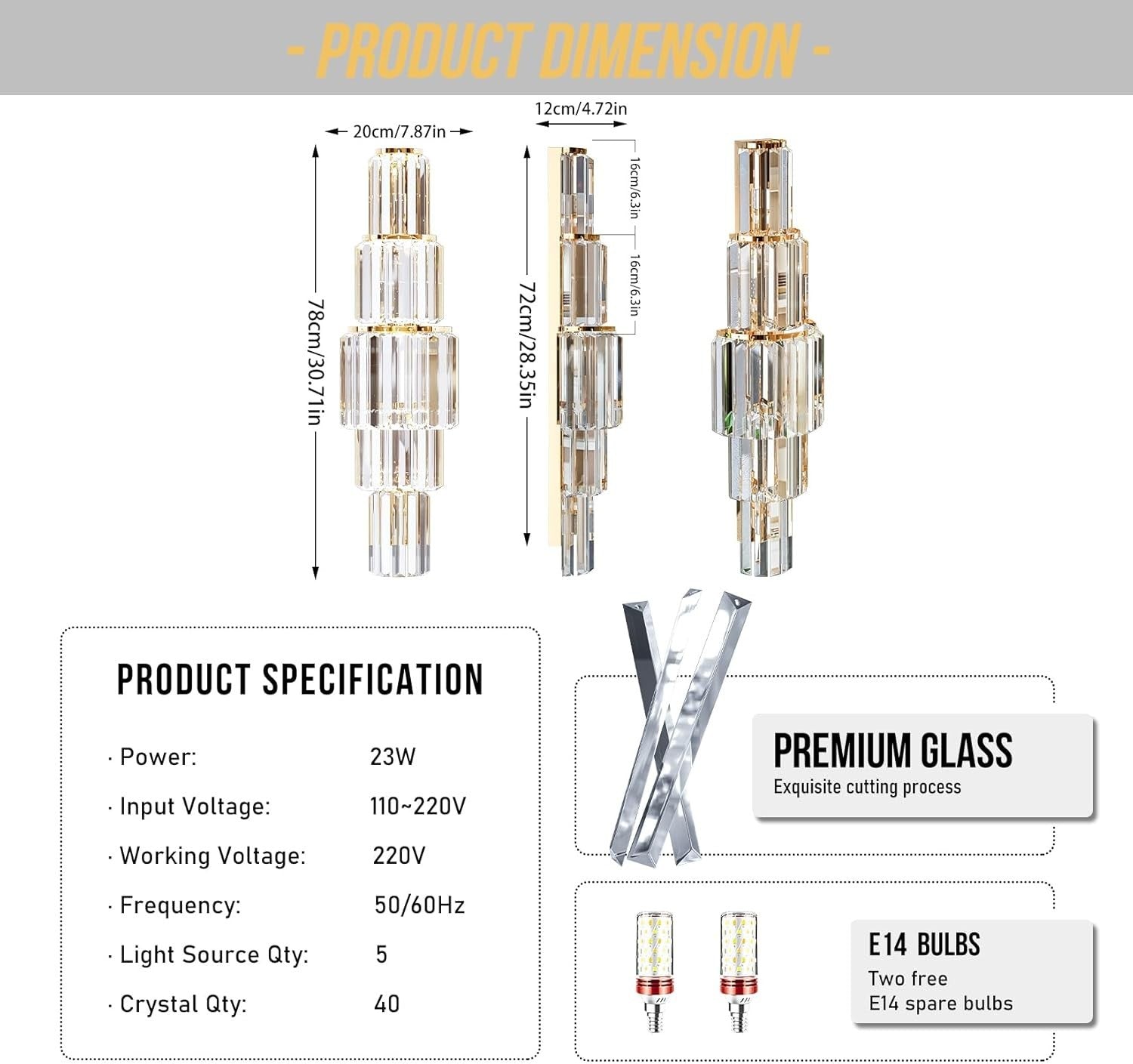 Luxury Crystal Wall Light 5 Bulb Gold Sconce Modern 80cm Hallway Lamp