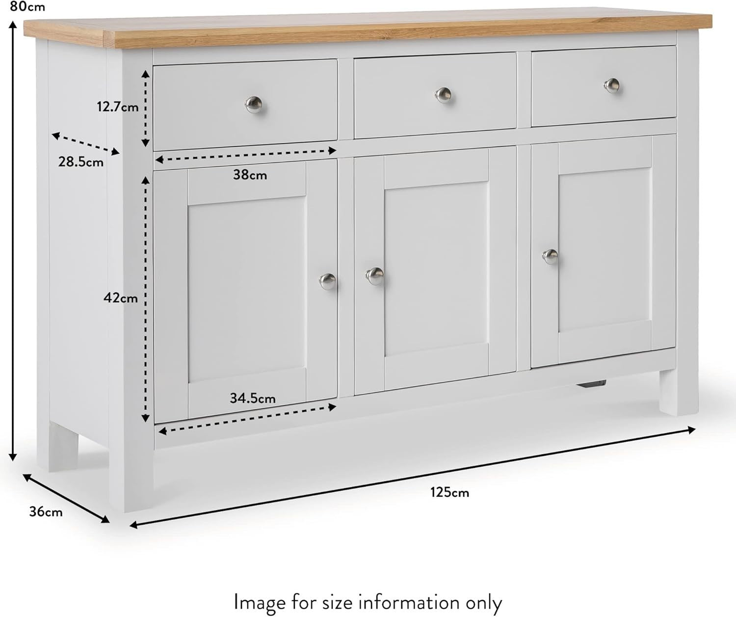 Large Grey Sideboard Oak Top 3 Drawer 3 Door Cabinet Hallway Storage