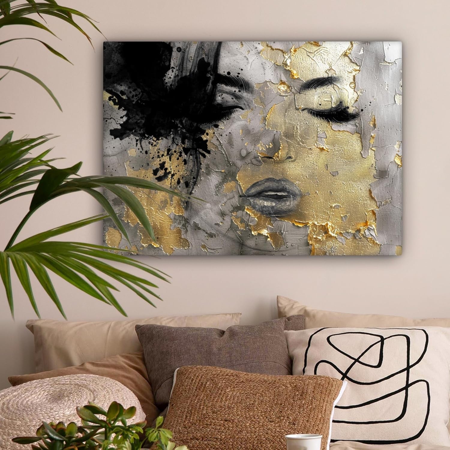 Abstract Woman Canvas Wall Art Gold Black Modern 70x50cm Living Room Decor
