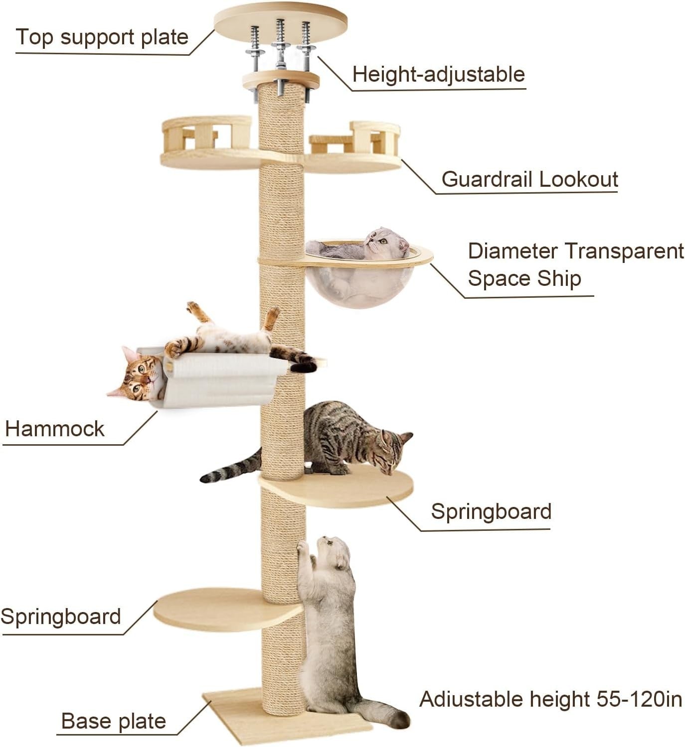 Beige Floor to Ceiling Cat Tree Adjustable Tower 6 Tier Scratching Post
