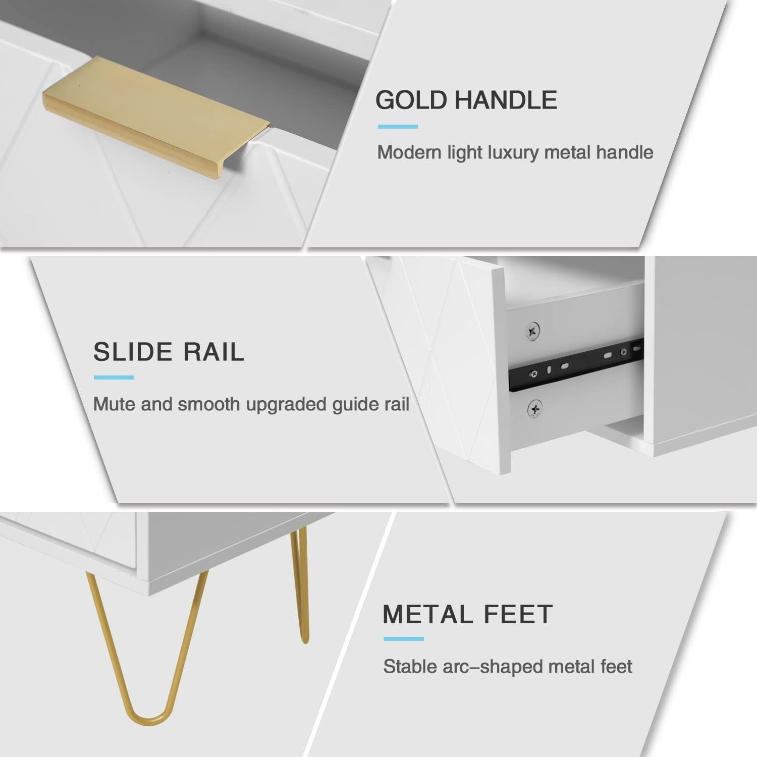 Set of 2 White Bedside Tables with Gold Legs | Modern 2 Drawer Nightstands