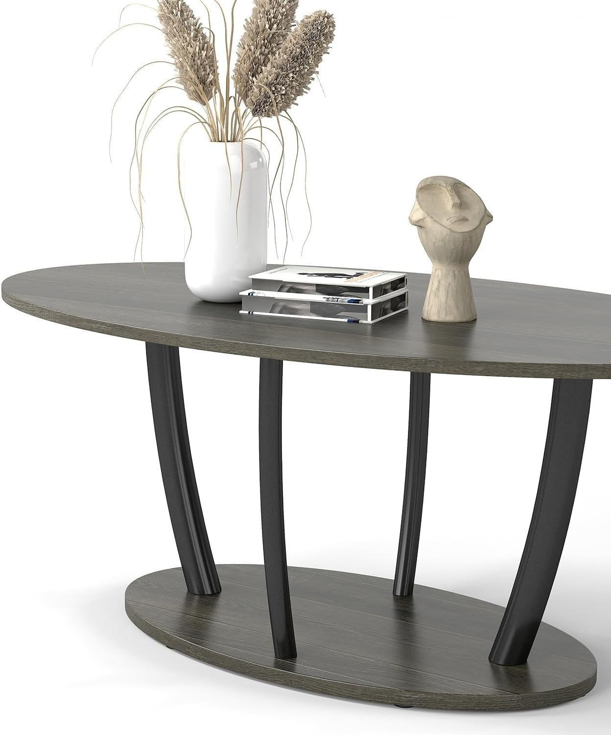 Oval 2-Tier Coffee Table with Storage Shelf, Modern Small Table 100x55cm