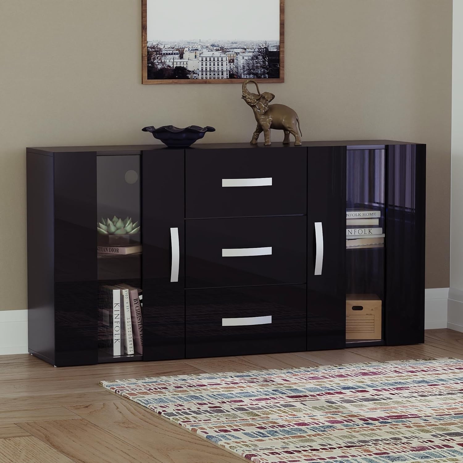Black LED Sideboard Cabinet RGB Lights 3 Drawers 2 Doors Modern Unit