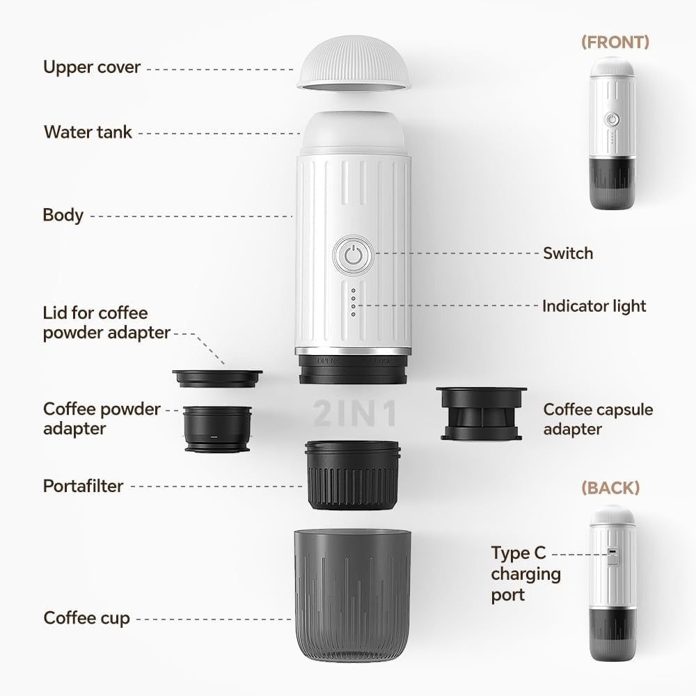 Portable 19Bar Espresso Maker USB-C Self-Heating Travel Coffee Machine White