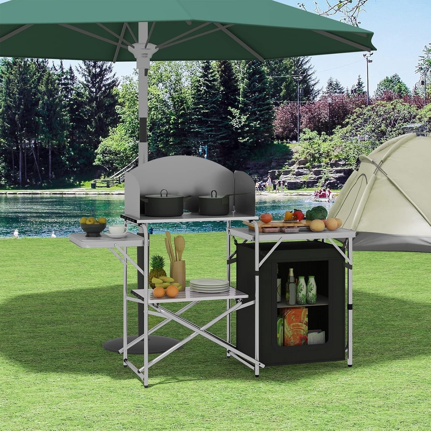 Folding Camping Kitchen Table | BBQ Cooking Unit with Cupboards & Bag