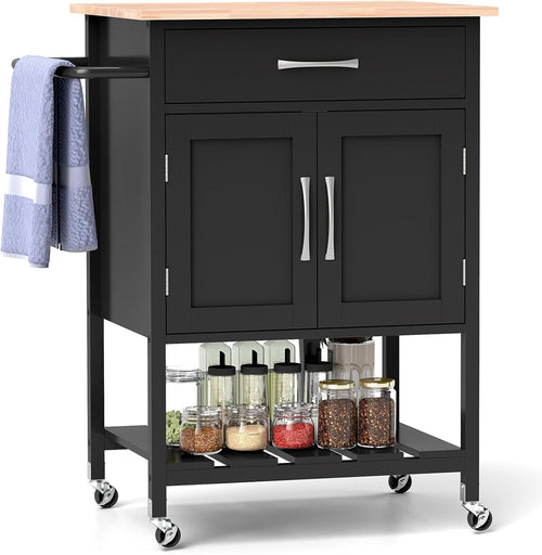 Kitchen Island Cart on Wheels Storage Cabinet Drawer Shelf Rubber Wood Top