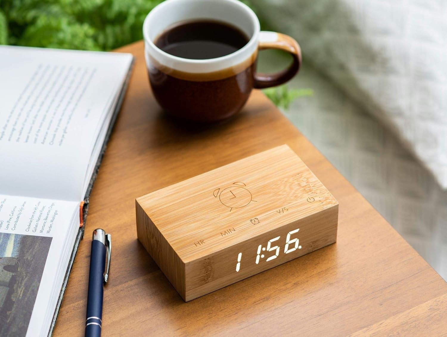 Brown Wood Digital Alarm Clock LED Display Touch Control Minimalist