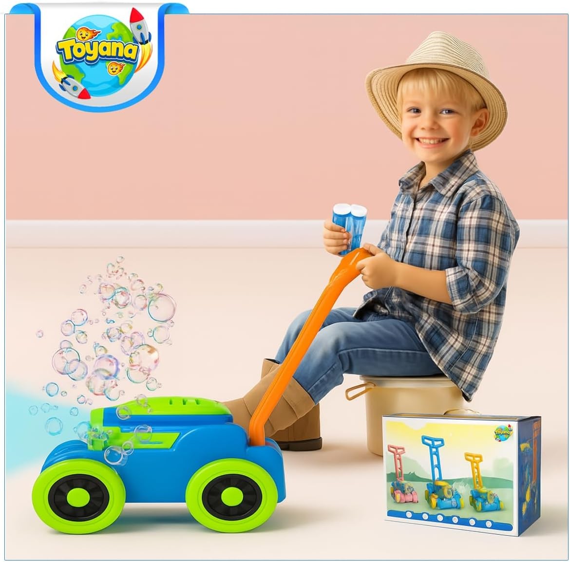 Kids Bubble Lawn Mower Toy with Lights & 2 Bubble Solutions
