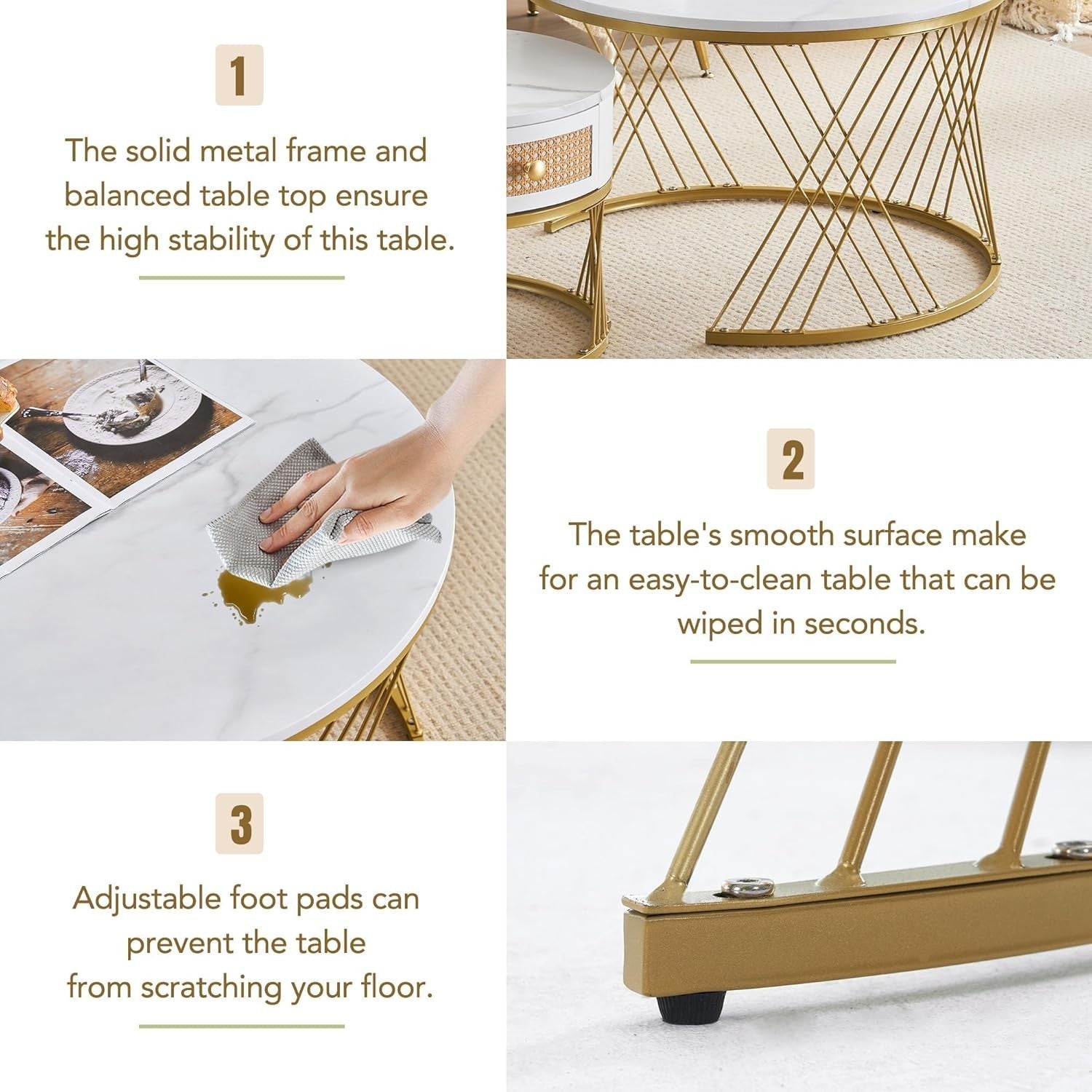 ModernLuxe 2-in-1 Round Coffee Table Set with Rattan Drawer & Gold Metal Frame