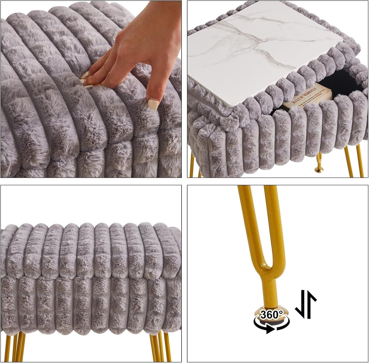 Grey Rectangular Vanity Stool with Storage – Modern Footrest & Side Table