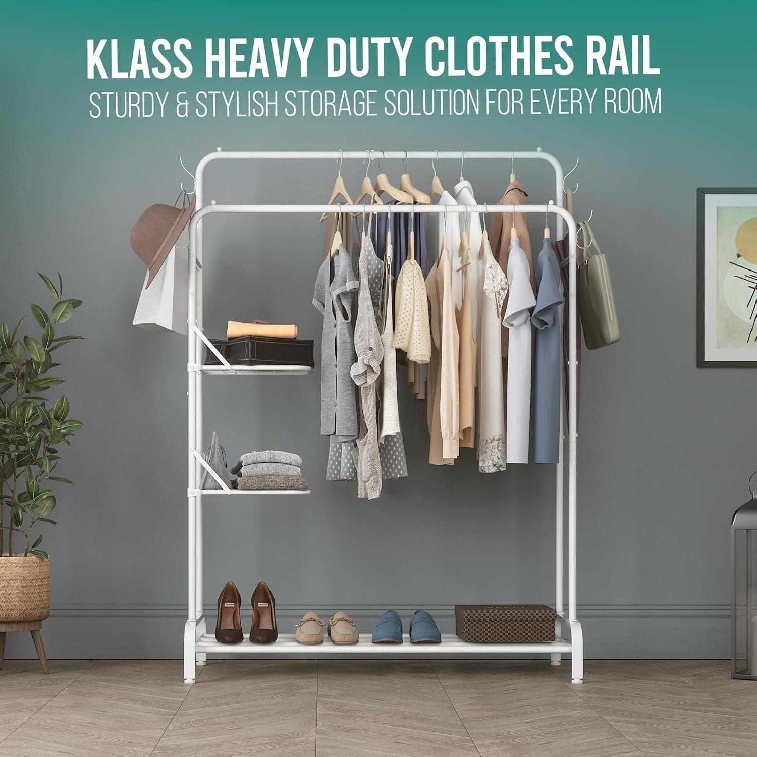 White Heavy Duty Clothes Rail 100KG Rack With Folding Shelves & Hooks
