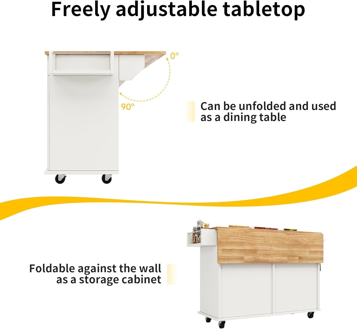 Rolling Kitchen Island Trolley with Drawers, Cabinets & Folding Top 128x78cm