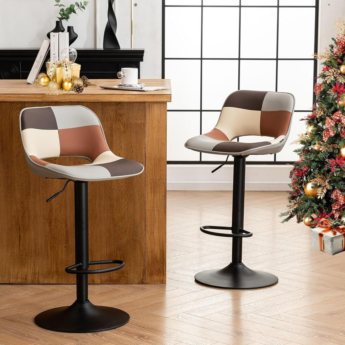 Adjustable Swivel Bar Stools 2pcs Faux Leather Counter Kitchen Chairs grey beig