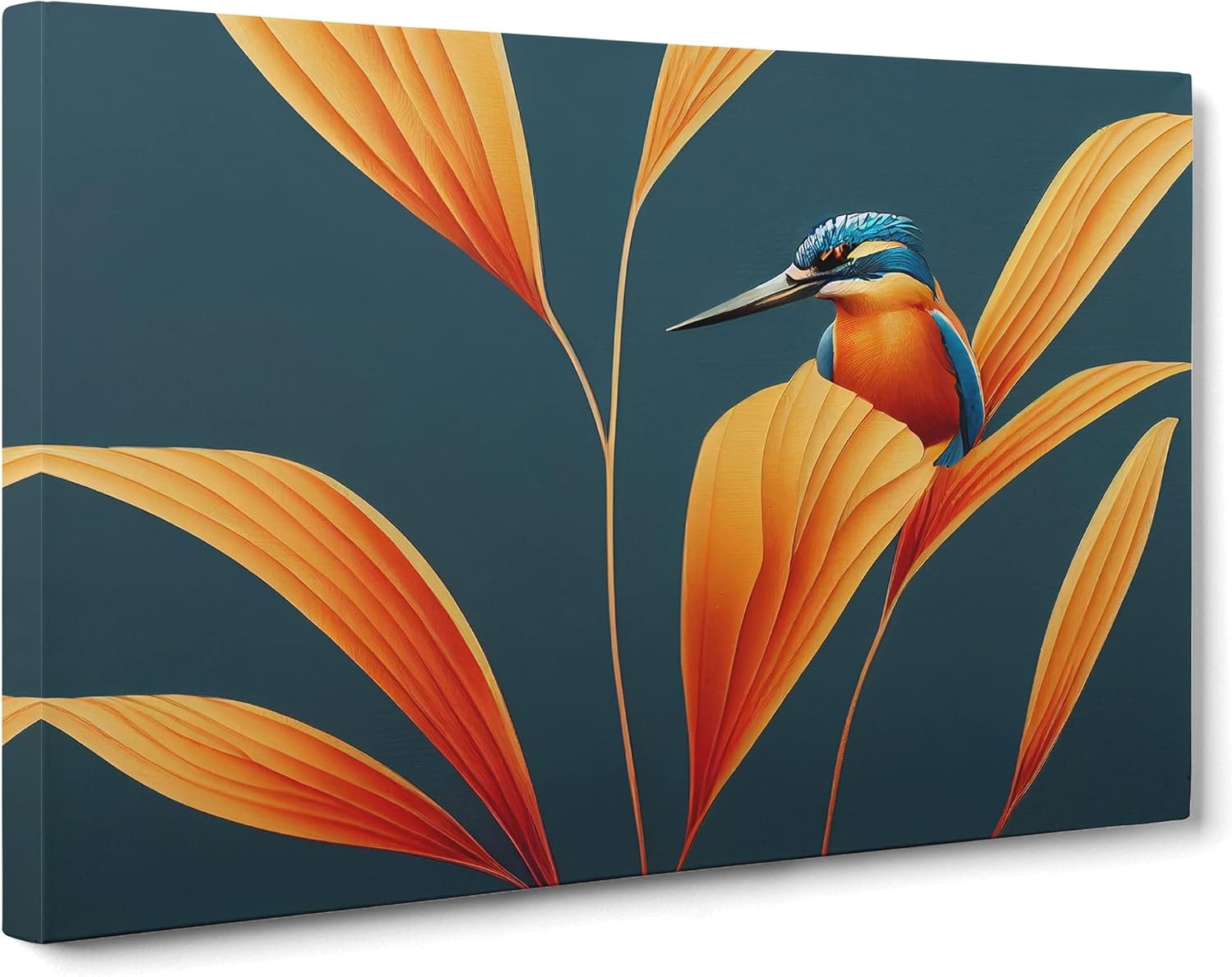 Modern 20×14″ Teal Orange Blue Kingfisher Art Deco Canvas Wall Art