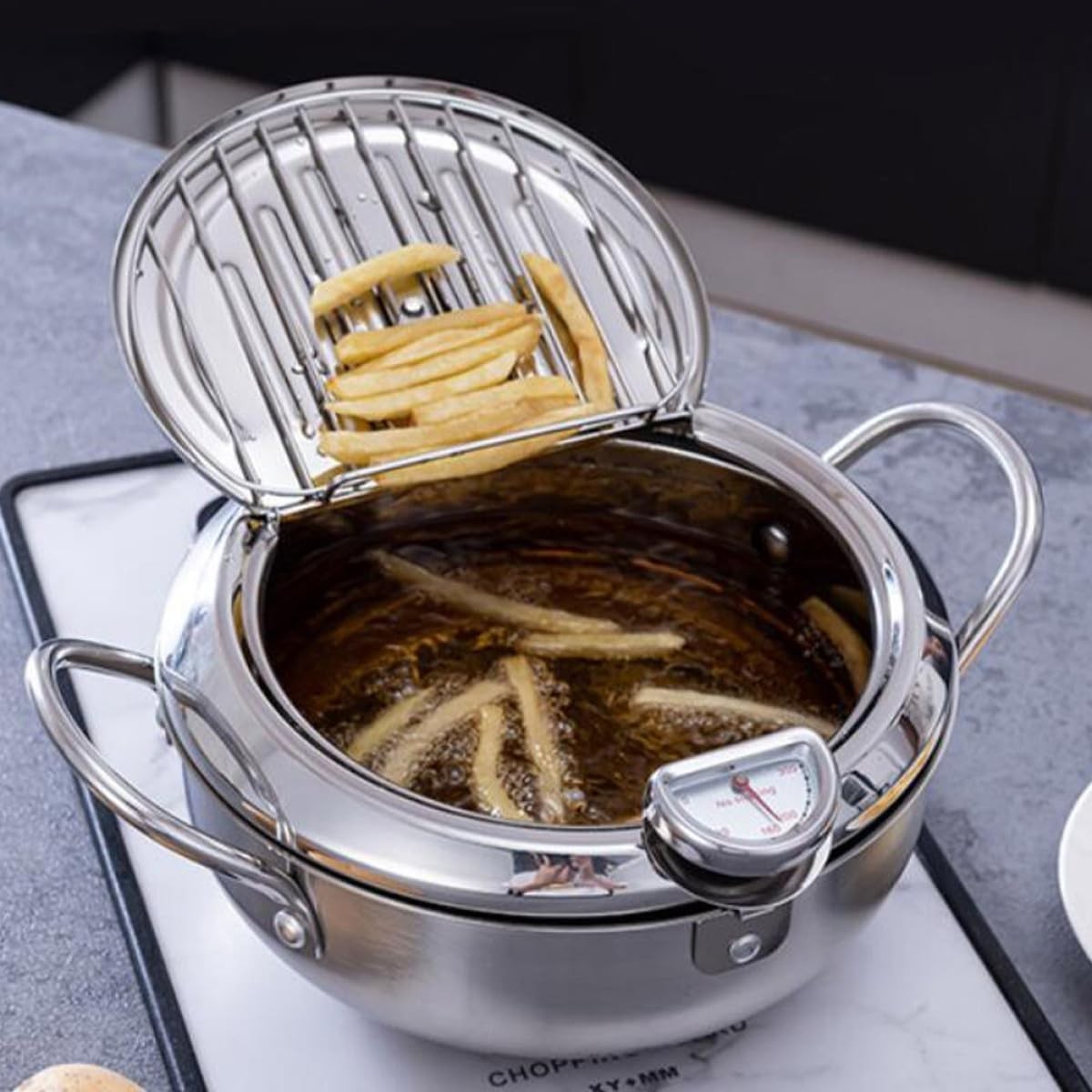 Deep Frying Pot With Thermometer Lid Induction Gas Fryer Pan