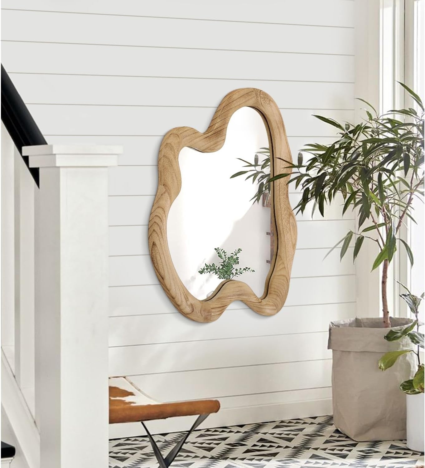 Rustic Irregular Wooden Wall Mirror 70x50cm Decorative & Durable