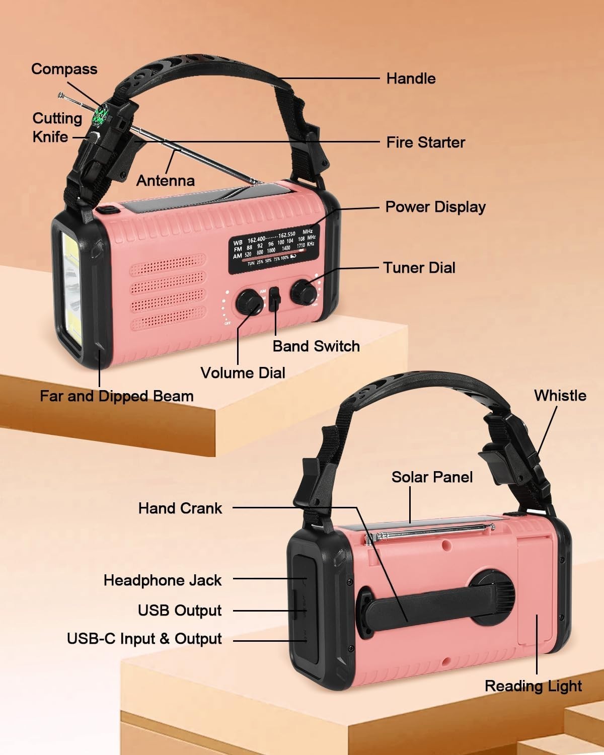 Wind Up Pink Solar Emergency Radio with 20000mAh Battery, AM/FM & Flashlight