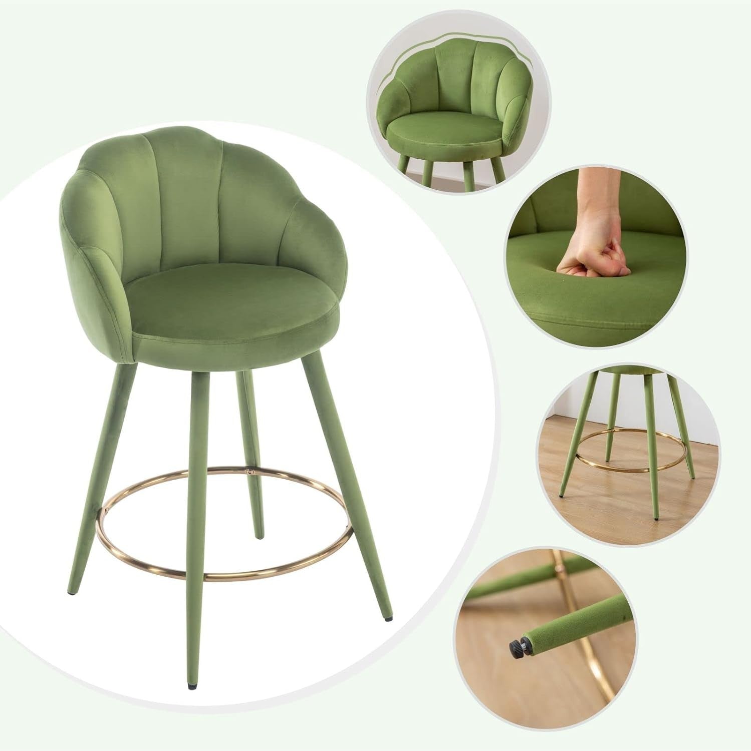 Green Velvet Bar Stools Set of 4 Modern Kitchen Counter Breakfast Chairs