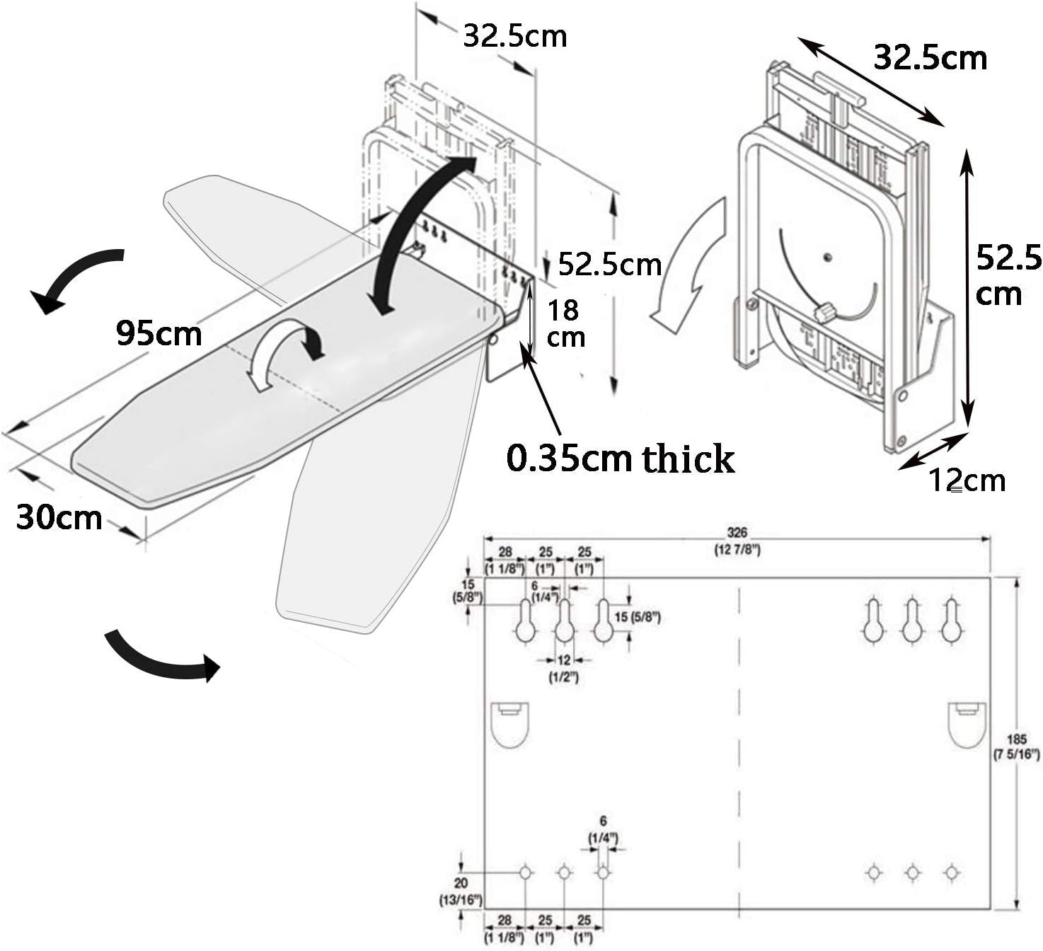 Wall Mounted Folding Ironing Board 95x33cm Heat Resistant Swivel