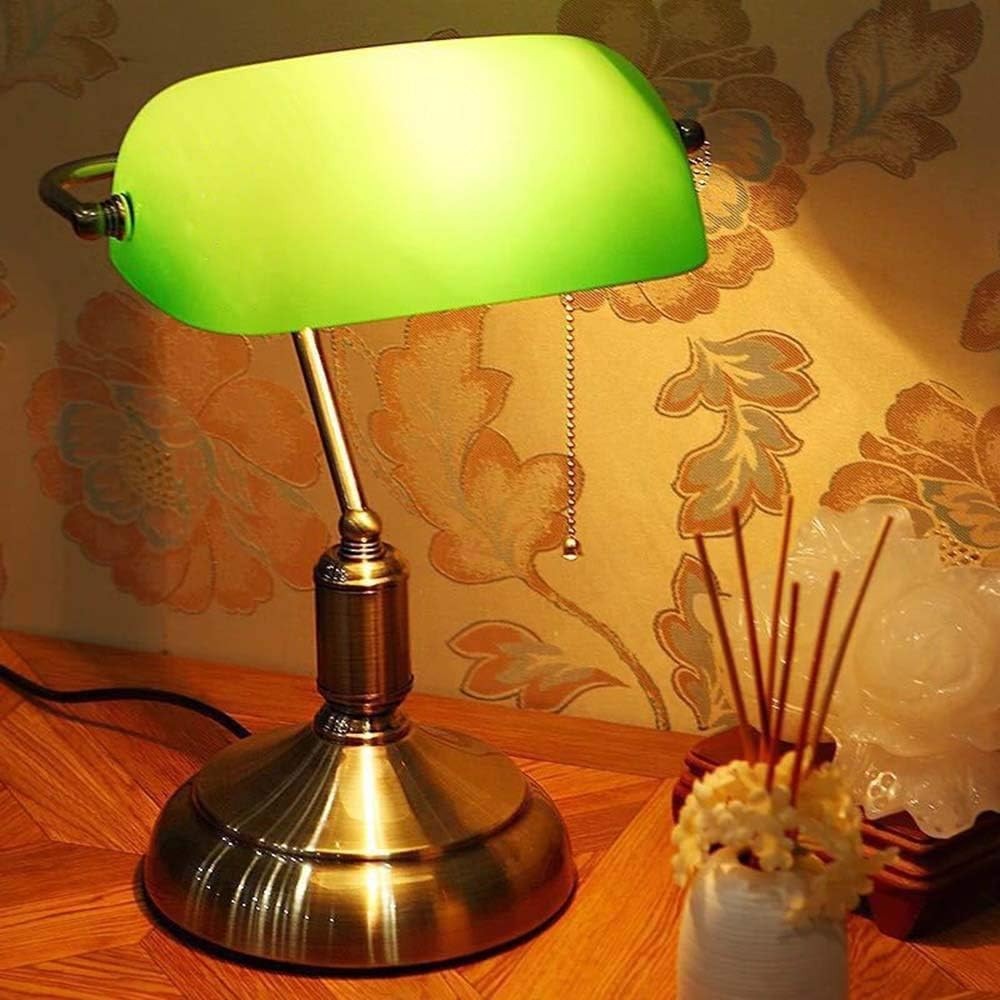 Bankers Desk Lamp Green Glass Shade Brass Base Pull Switch LED